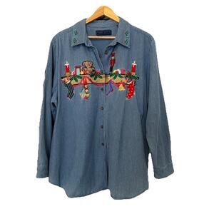 .vtg Karen Scott II Christmas Embroidered Denim Shirt Blue 3X Festive